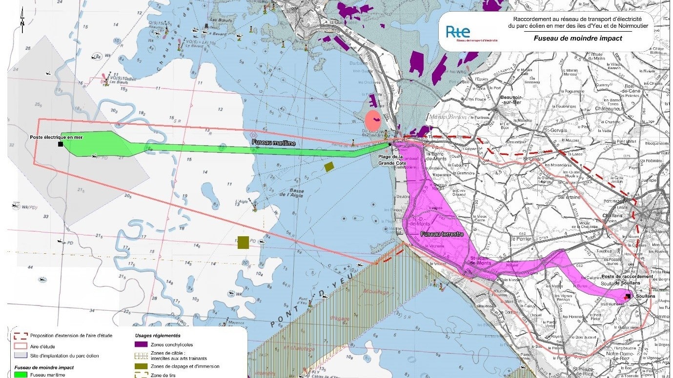 Carte illustrant le choix du fuseau Nord comme fuseau de moindre impact maritime et le fuseau Sud comme fuseau de moindre impact terrestre 